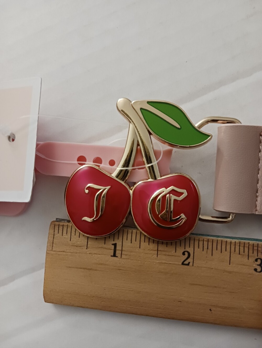 Juicy Couture Cherry Logo Enamel Belt - Pink Red Gold Buckle Size S/M NWT - Picture 3 of 7